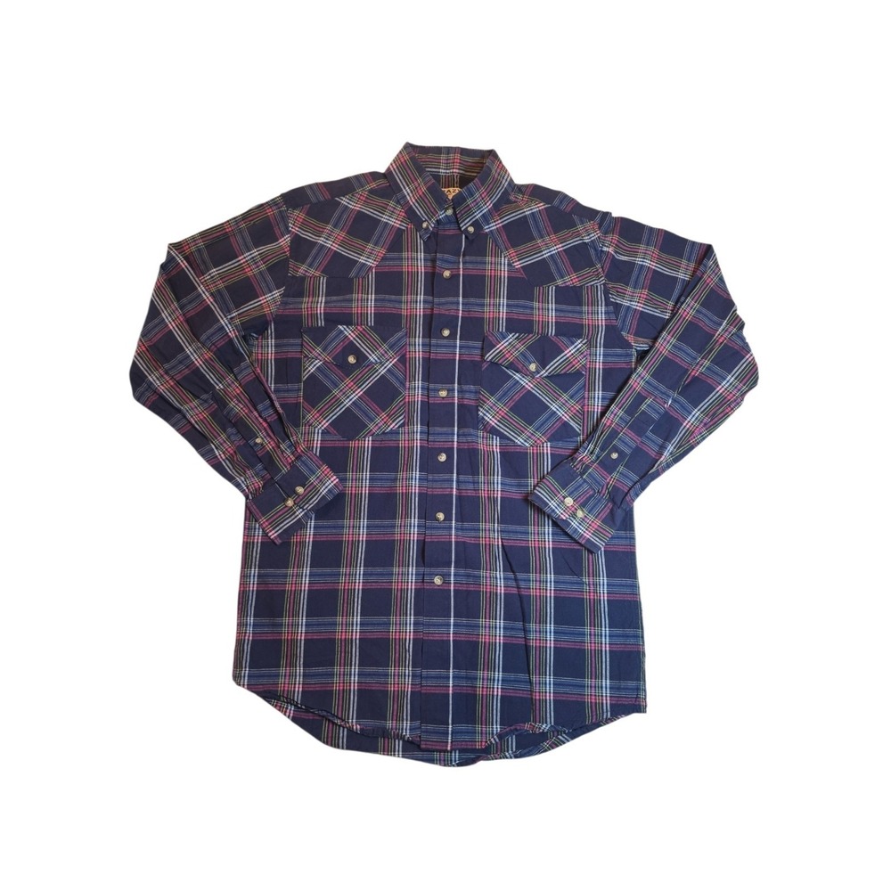 Crazy Cowboy Mens Medium Plaid Western Shirt Blue Pink Button Front Cotton
